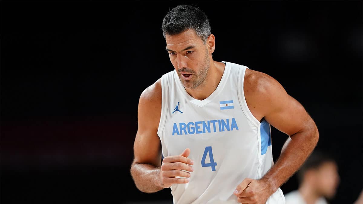 Argentina player Luis Scola (4) runs down the court after making a three point shot against Japan during the Tokyo 2020 Olympic Summer Games at Saitama Super Arena.