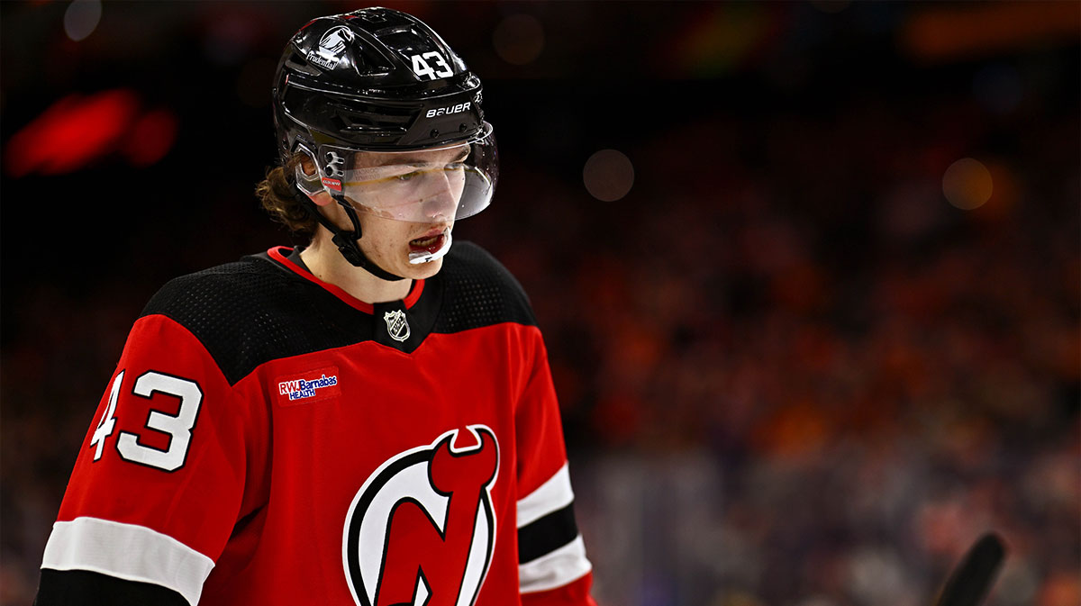 New Jersey Devils defenseman Luke Hughes (43) looks on against the Philadelphia Flyers in the first period at Wells Fargo Center.