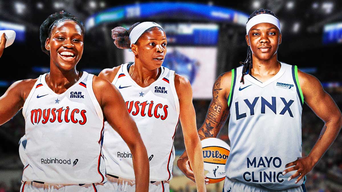 WNBA Minnesota Lynx players Sika Koné, and Olivia Époupa, with a jersey swap so they are in WNBA Washington Mystics jerseys, and Washington Mystics player Myisha Hines-Allen, with a jersey swap so she is in a Minnesota Lynx jersey