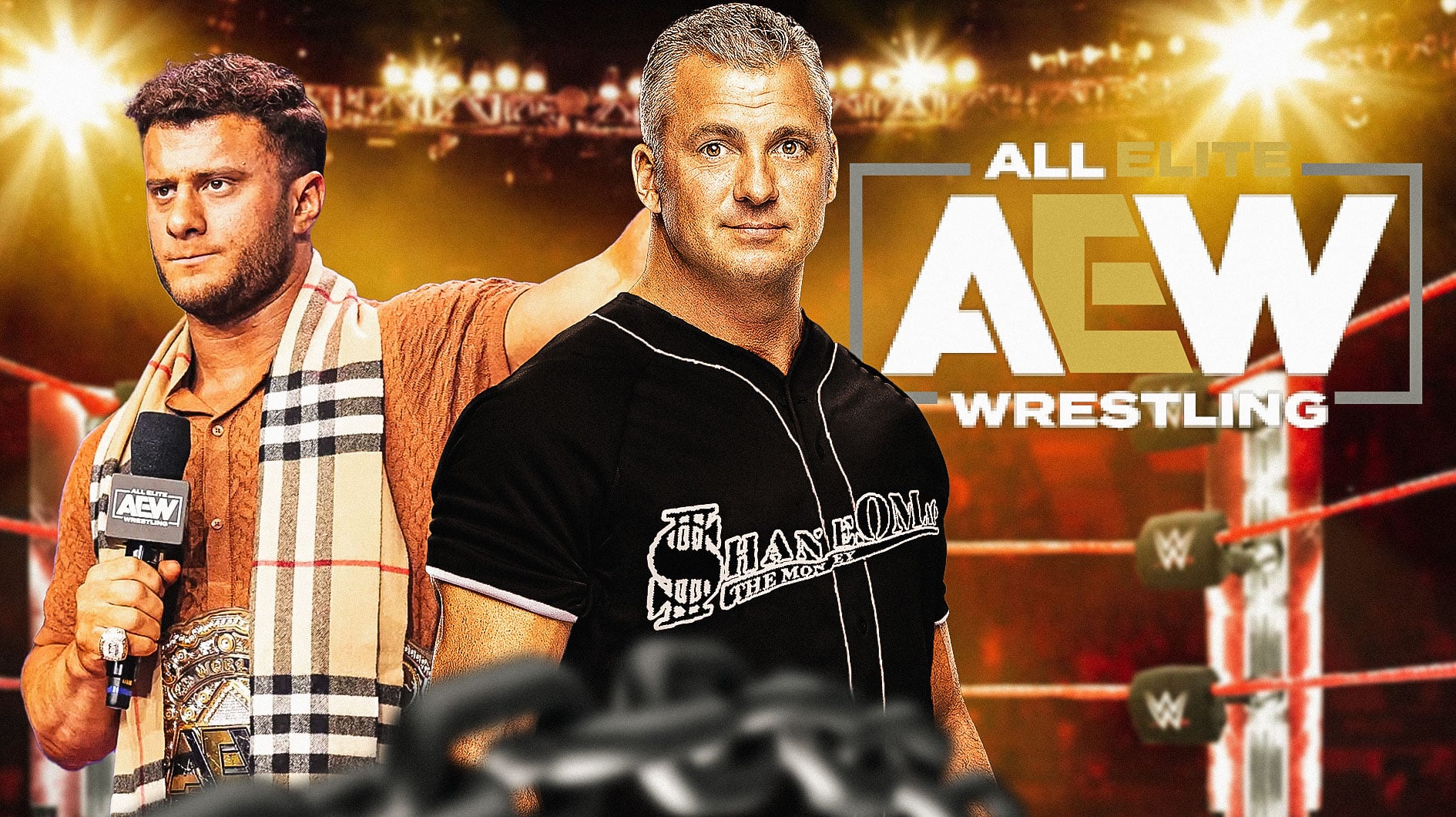 MJF holding a microphone next to Shane McMahon holding a microphone with the AEW logo as the background.