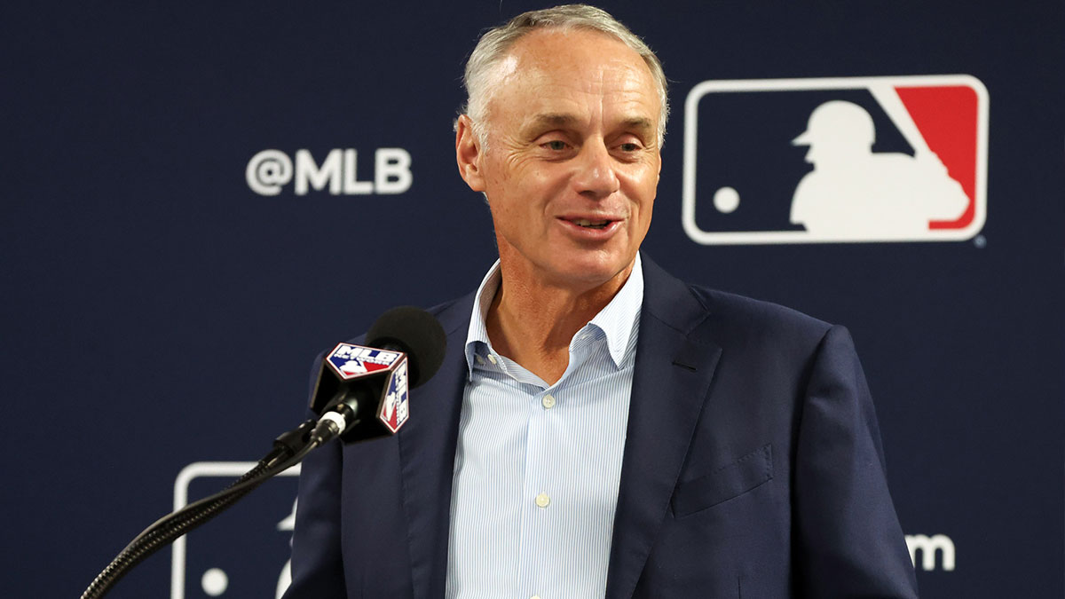 MLB commissioner Rob Manfred talks with media at George M. Steinbrenner Field.