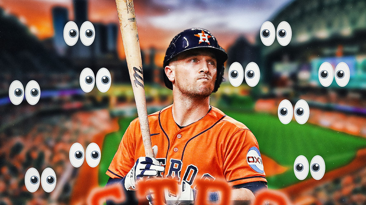 Astros Alex Bregman in middle swinging a baseball bat. Place the eyes emoji all over image looking at him.