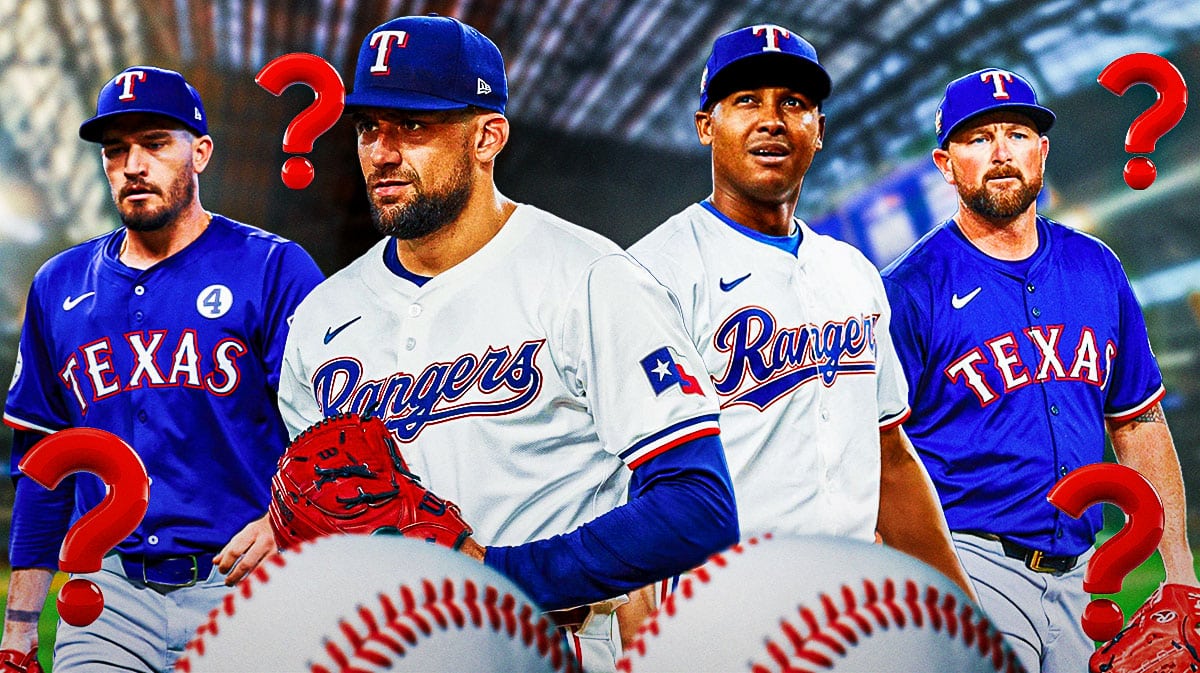 Rangers Nathan Eovaldi, Rangers Andrew Heaney, Rangers Kirby Yates and Rangers Jose Leclerc all in image. Question marks everywhere. Globe Field background.