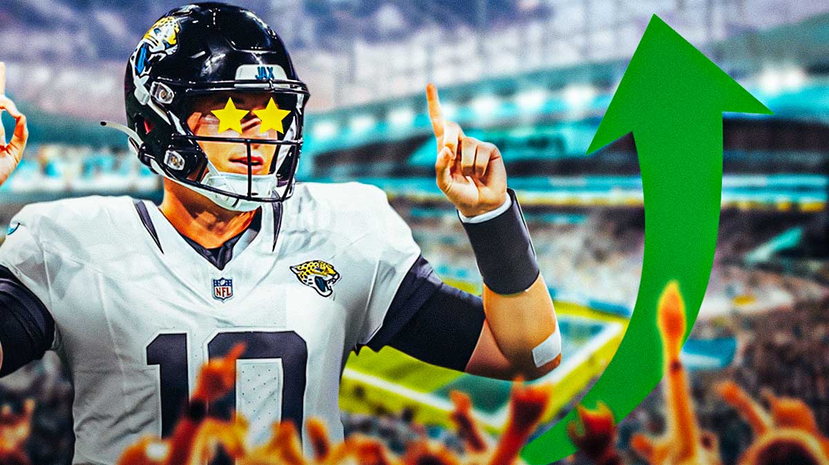 Mac Jones with stars in his eyes and a level-up arrow next to him featuring a Jaguars-themed BG.