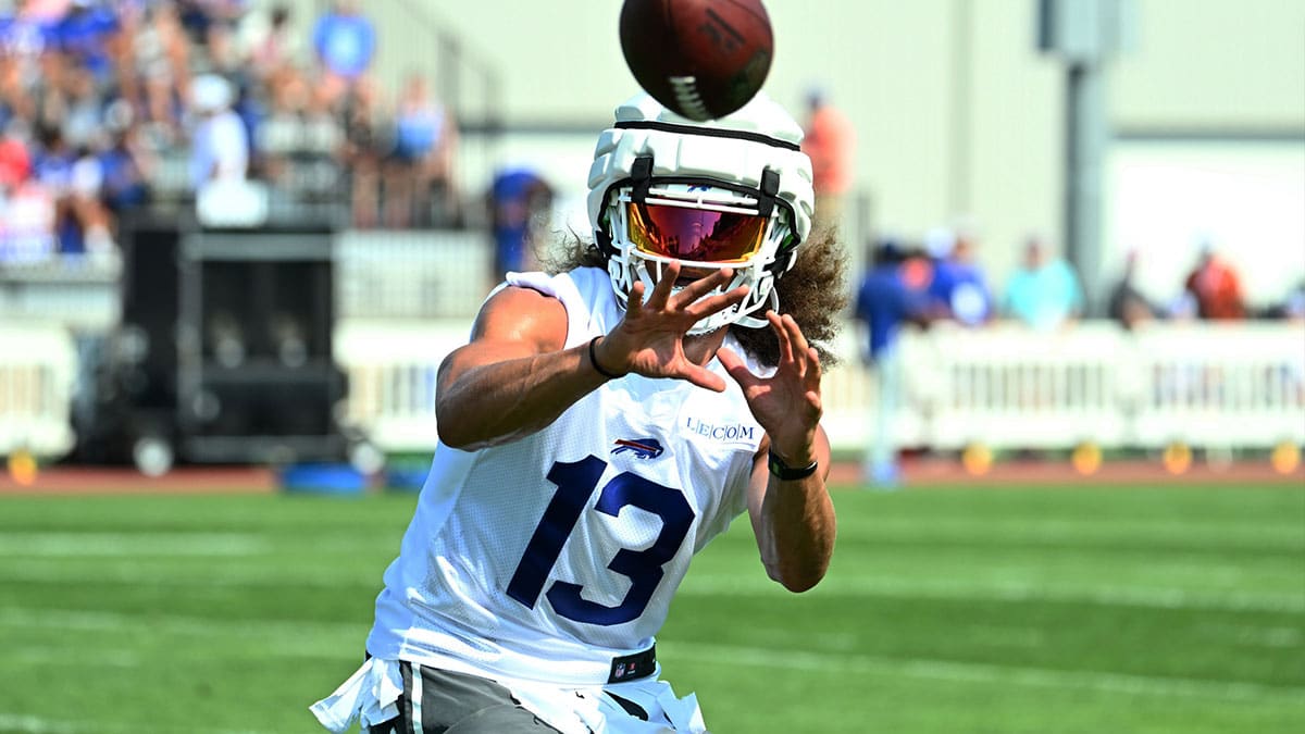Buffalo Bills wide receiver Mack Hollins (13) catches a pass during training camp at St. John Fisher University.