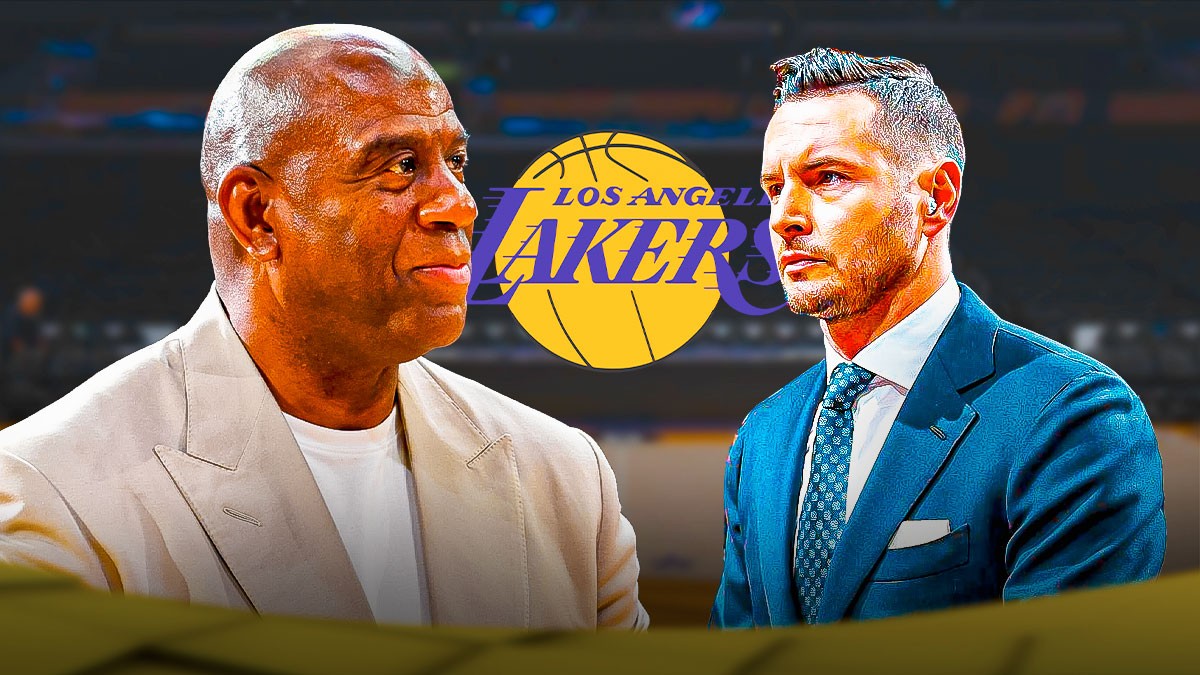 Magic Johnson beside JJ Redick Lakers logo behind them.
