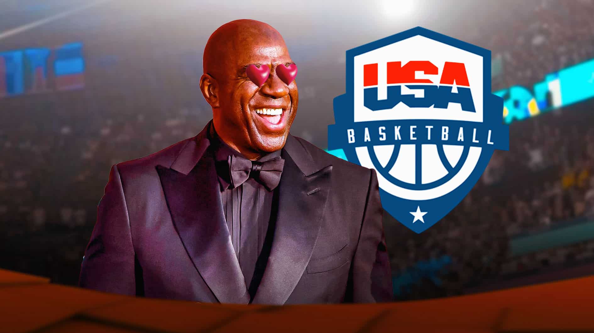 Magic Johnson looks at USA basketball logo with heart eyes