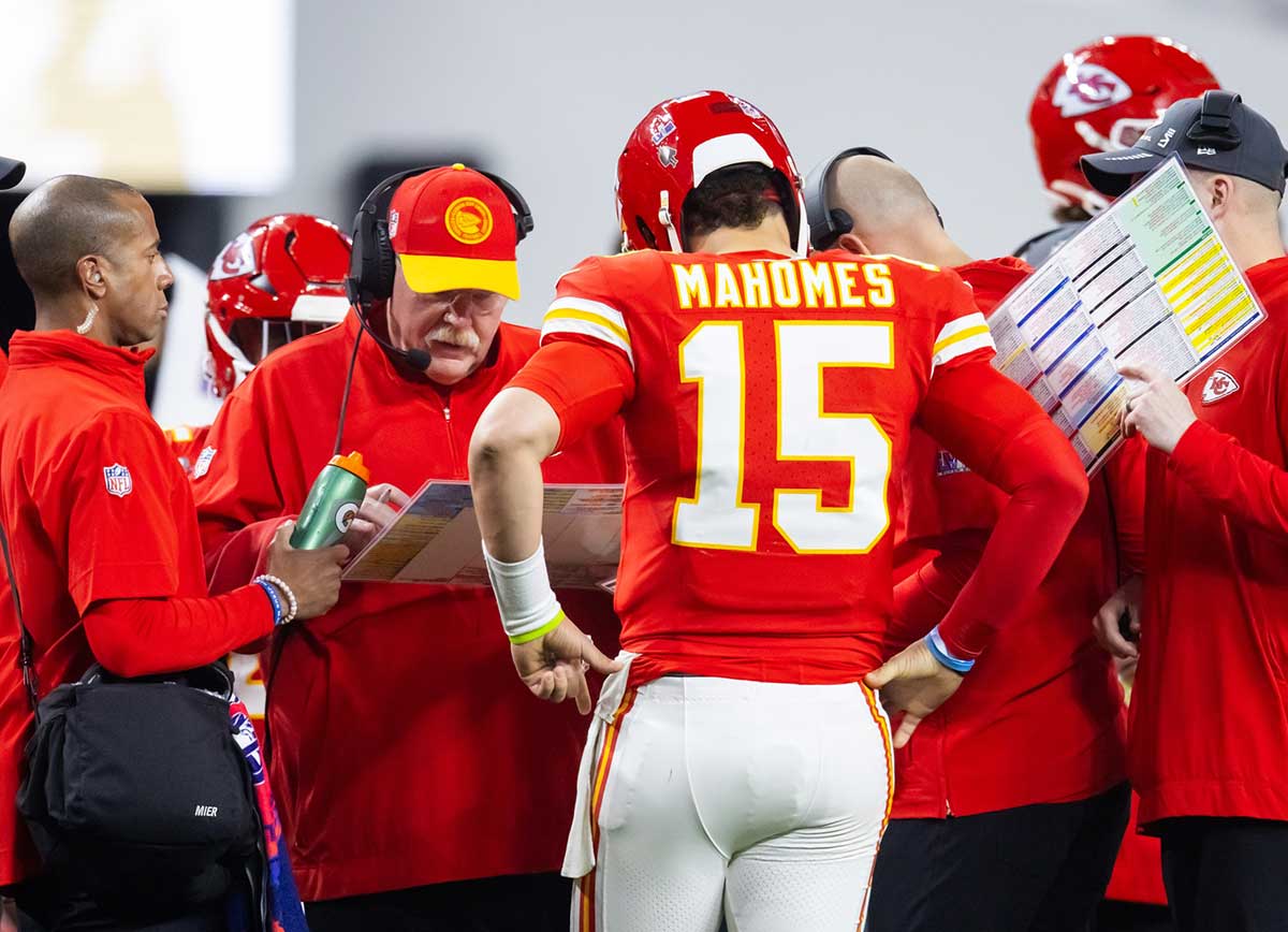 Kansas City Chiefs head coach Andy Reid with quarterback Patrick Mahomes (15) against the San Francisco 49ers during Super Bowl LVIII at Allegiant Stadium. 