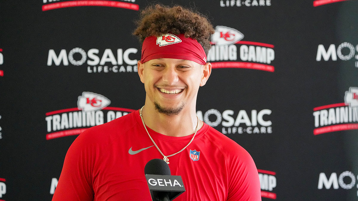 Kansas City Chiefs quarterback Patrick Mahomes (15) speaks to the media after training camp at Missouri Western State University.