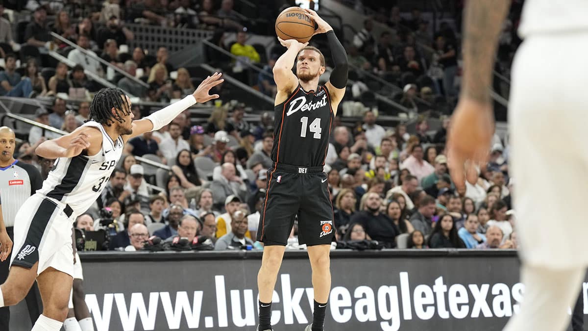 Detroit Pistons guard Malachi Flynn (14) shoots during the first half against the San Antonio Spurs at Frost Bank Center.