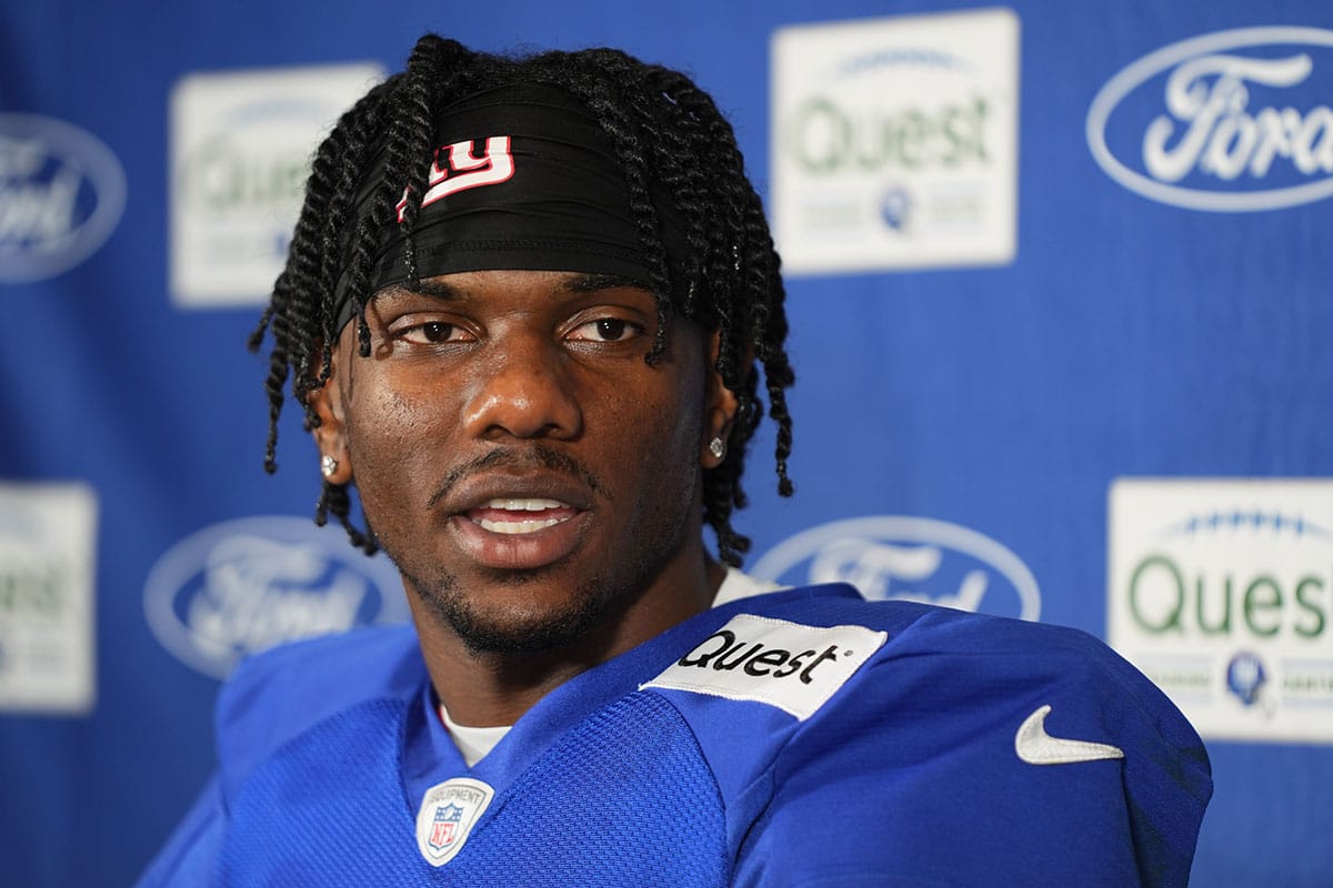 New York Giants wide receiver Malik Nabers (9) speaks at a press conference after training camp at Quest Diagnostics Training Center. 