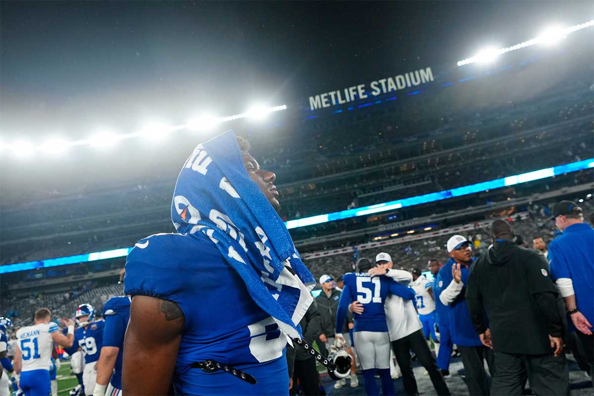 New York Giants wide receiver Malik Nabers (9) is shown on the field at MetLIfe Stadium, after the game, 