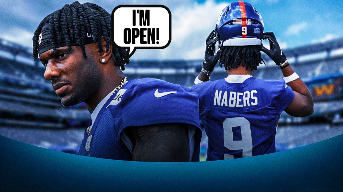 A picture of Malik Nabers in a Giants jersey with a text blurb above him that says "I'm open!" with a football field in the background.