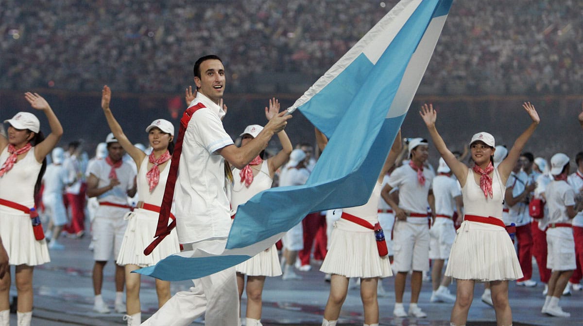 Argentina basketball player Manu Ginobili leads his teammates into the stadium during the opening ceremonies for the 2008 Beijing Olympic Games at National Stadium.