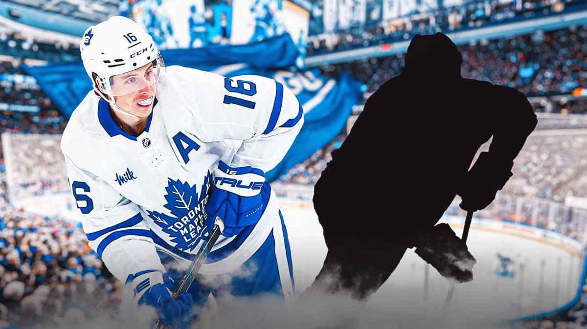 Mitch Marner next to silhouette Zach Bogosian. Both in front of Maple Leafs logo