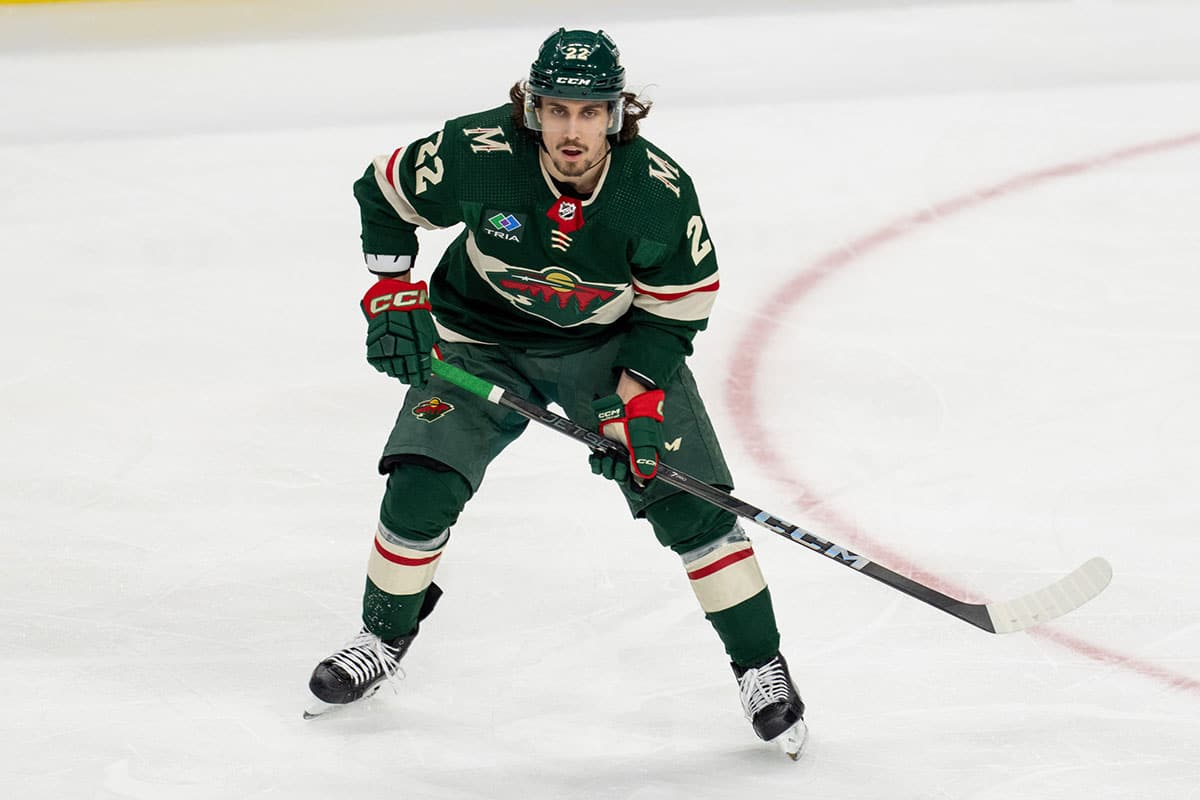 Minnesota Wild center Marat Khusnutdinov (22) skates against the Seattle Kraken in the second period at Xcel Energy Center.