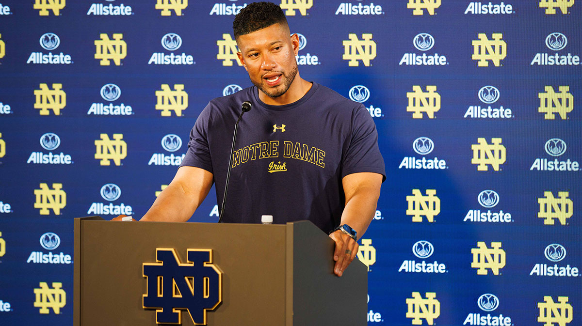 Notre Dame head coach Marcus Freeman speaks with the media after a Notre Dame football practice at Irish Athletic Center on Wednesday, July 31, 2024, in South Bend.