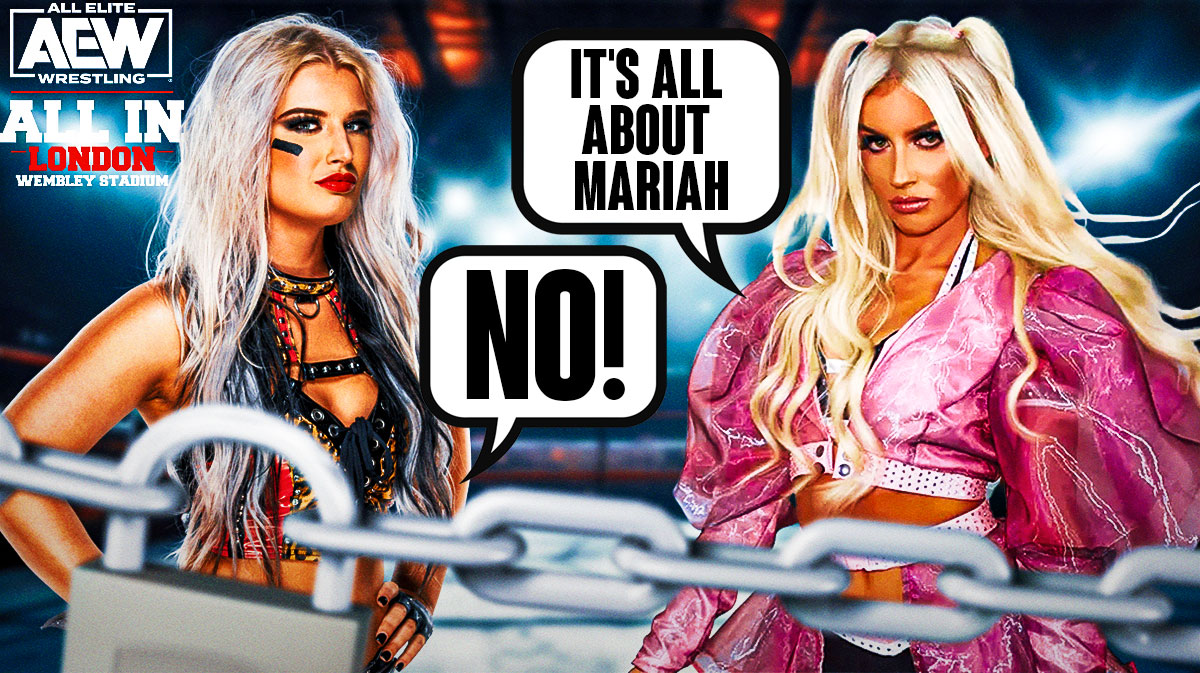 Mariah May with a text bubble reading "It's all about Mariah" next to a distraught Toni Storm with a text bubble reading "No!" with the AEW All In logo as the background.