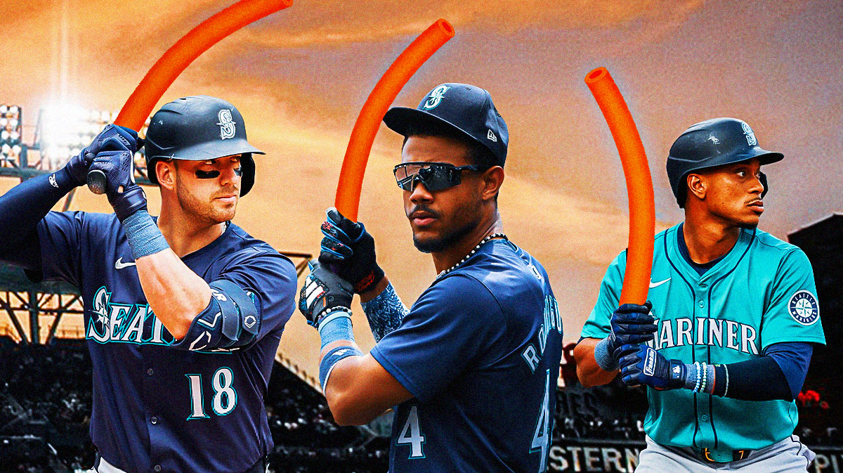 Mariners' Mitch Garver, Julio Rodriguez and Jorge Polanco holding pool noodles