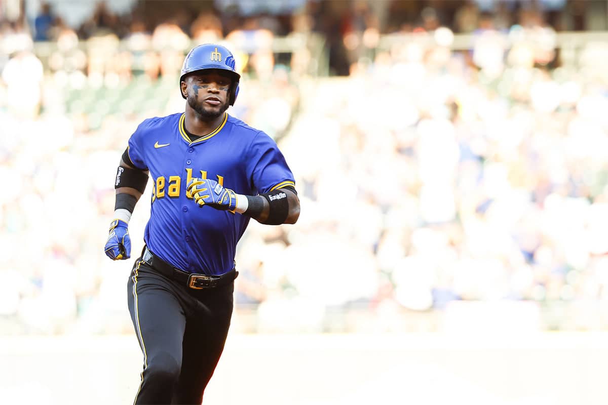 Seattle Mariners center fielder Victor Robles (10) runs the bases after hitting a solo-home run against the Philadelphia Phillies during the first inning at T-Mobile Park.