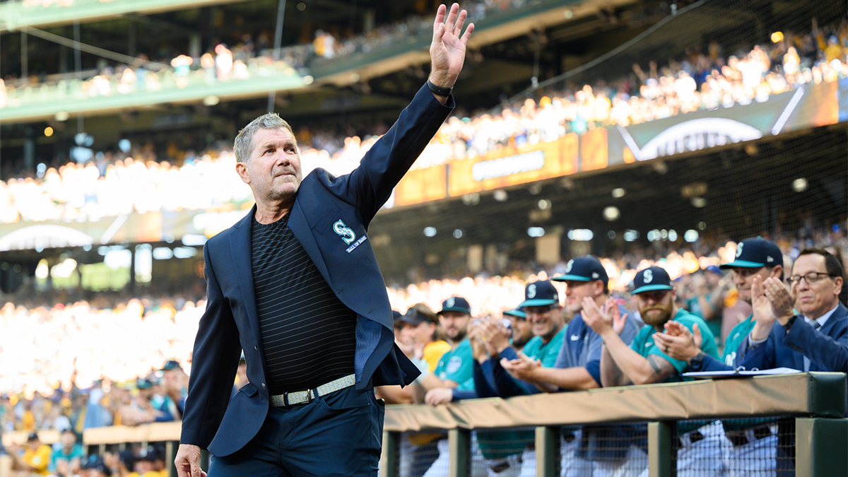 Major League Baseball Hall of Fame member Edgar Martinez is introduced prior to the induction of Felix Hernandez into the Mariners Hall of Fame before the game between the Seattle Mariners and the Baltimore Orioles at T-Mobile Park.