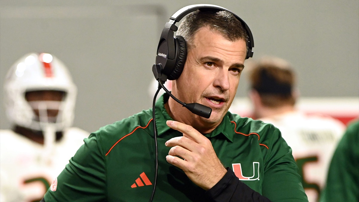 Miami Hurricanes head coach Mario Cristobal looks on during the first half against the North Carolina State Wolfpack at Carter-Finley Stadium.