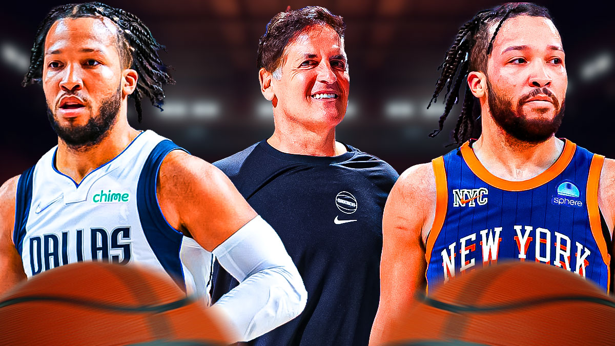 Dallas Mavericks owner Mark Cuban in the center with Jalen Brunson when he was on the Mavericks and Knicks on either side.