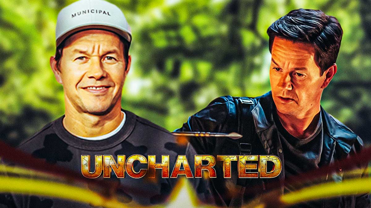 Uncharted 2 star Mark Wahlberg next to Sully from the movies and Uncharted logo.