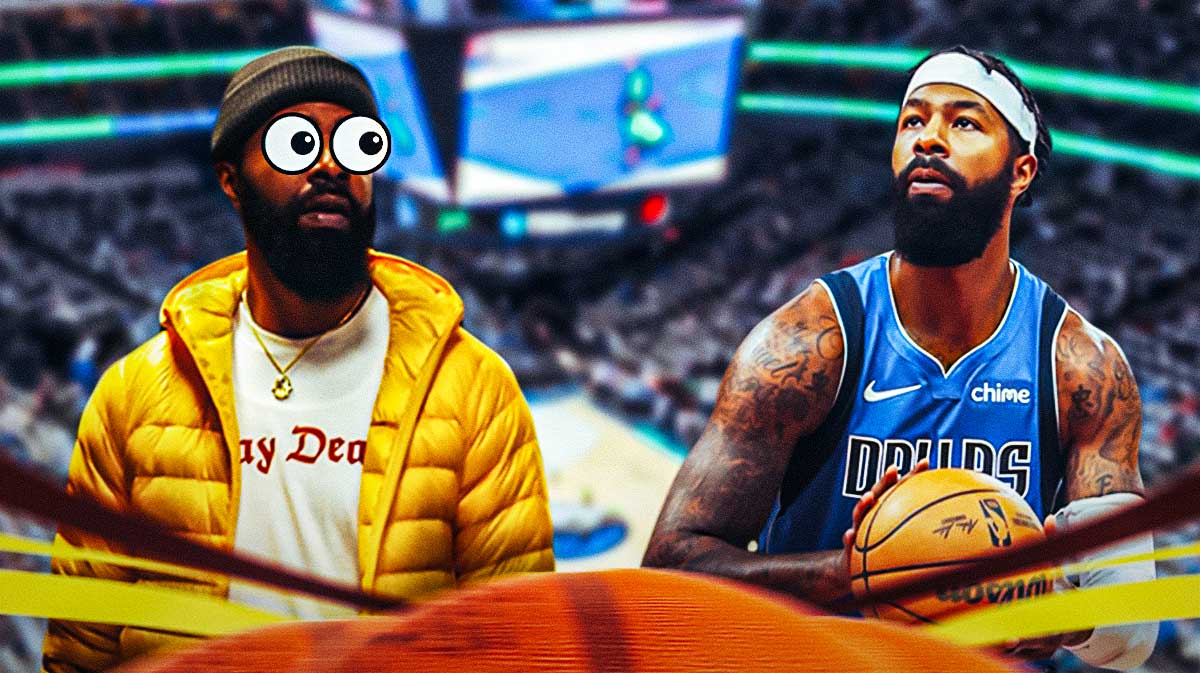 Mavericks Markieff Morris on right shooting a basketball. On left, Markieff Morris in normal clothes with eyes popping out looking at Mavericks Markieff Morris.