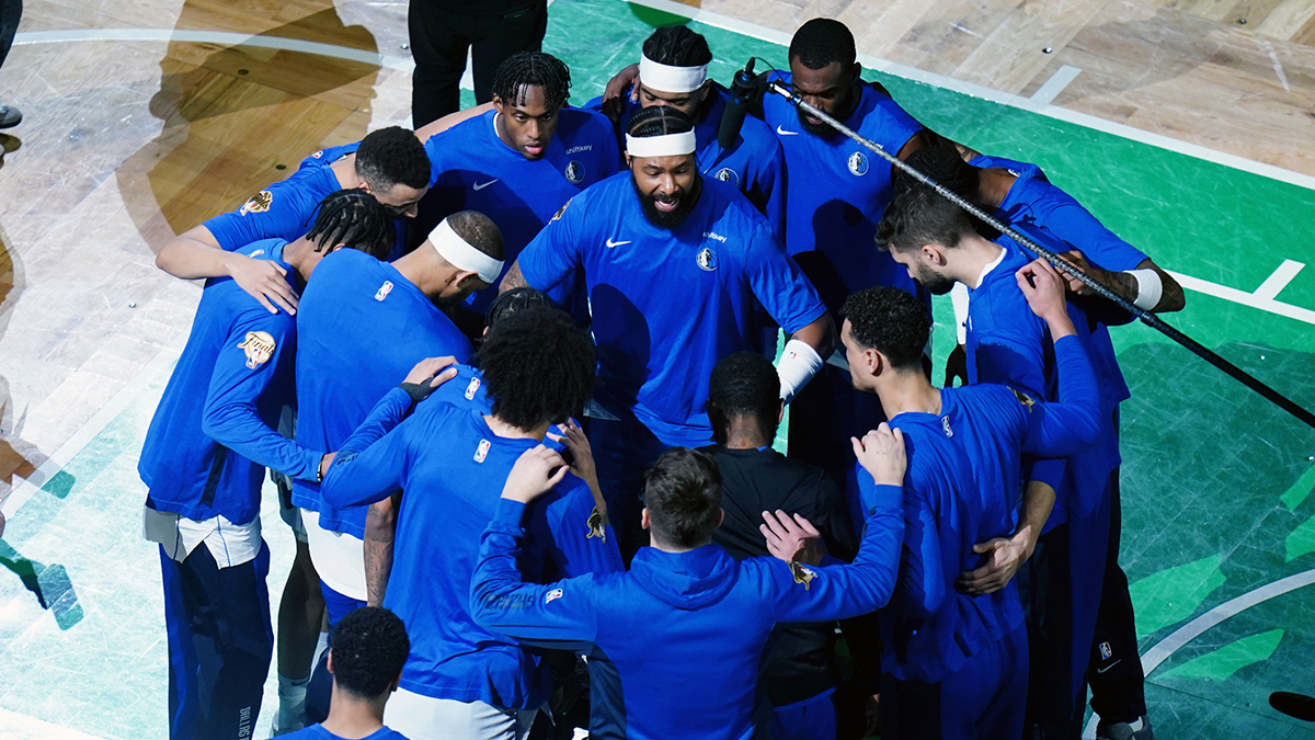 Dallas Mavericks forward Markieff Morris (88) talks during a huddle before game five against the Boston Celtics in the 2024 NBA Finals at TD Garden.