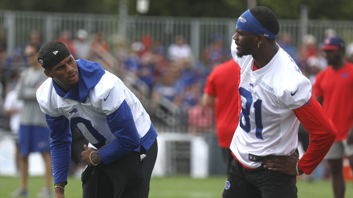 Bills Keon Coleman and Marquez Valdes-Scantling chat while stretching at Bills training camp at St. John Fisher University in Pittsford, NY on August 8, 2024.