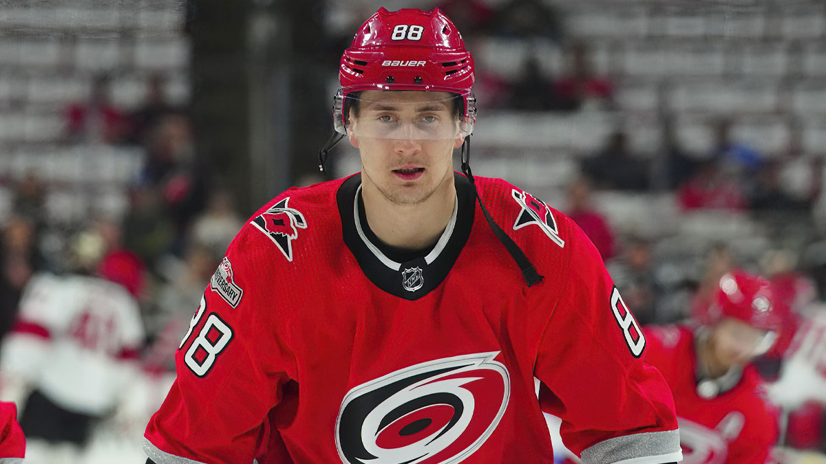 Carolina Hurricanes center Martin Necas (88) looks on during the warmups before the game against the New Jersey Devils in game one of the second round of the 2023 Stanley Cup Playoffs at PNC Arena.