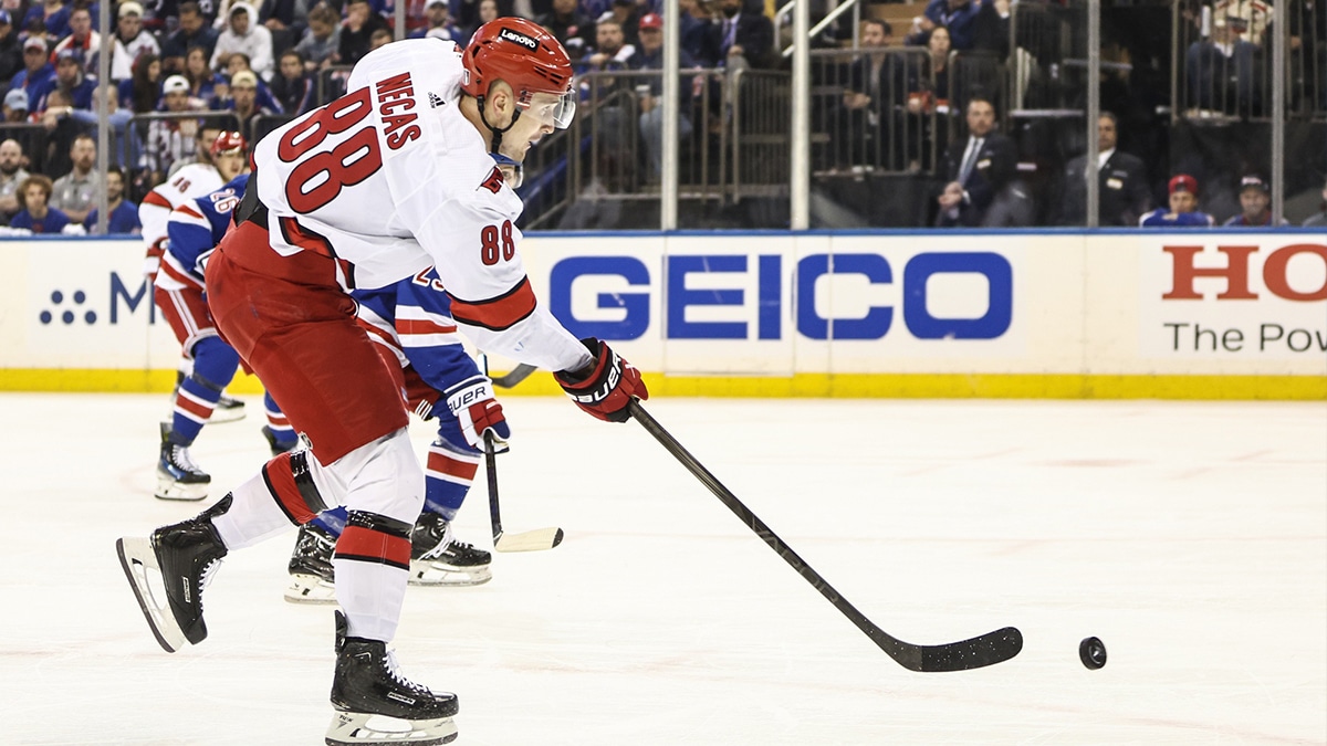 Carolina Hurricanes center Martin Necas (88) attempts a shot on goal in the first period against the New York Rangers in game one of the second round of the 2024 Stanley Cup Playoffs at Madison Square Garden