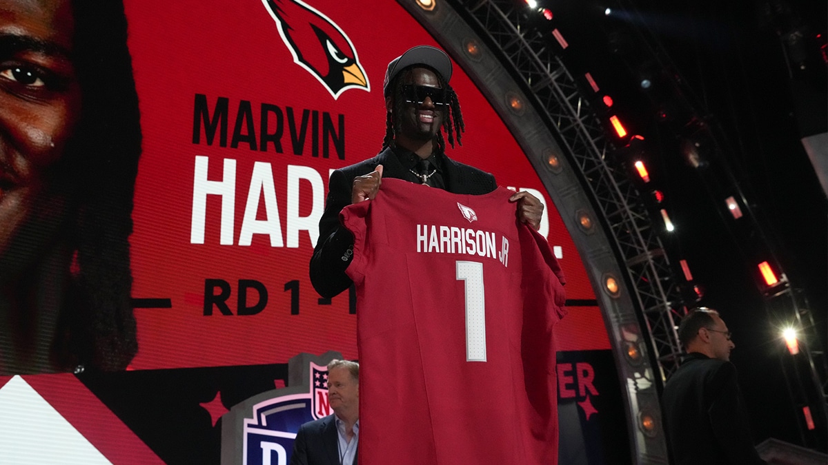 Ohio State Buckeyes wide receiver Marvin Harrison Jr. poses after being selected by the Arizona Cardinals as the No. 4 pick in the first round of the 2024 NFL Draft at Campus Martius Park and Hart Plaza.