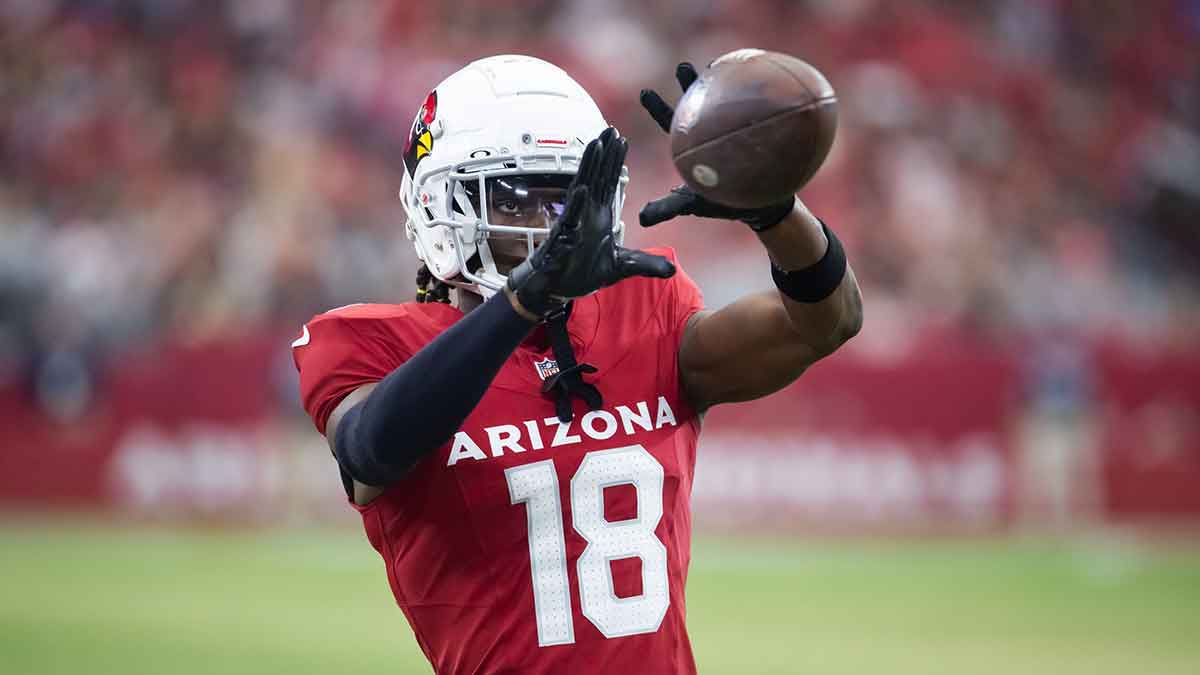 Arizona Cardinals wide receiver Marvin Harrison Jr. (18) against the New Orleans Saints during a preseason NFL game at State Farm Stadium. Mandatory Credit: Mark J. Rebilas-USA TODAY Sports