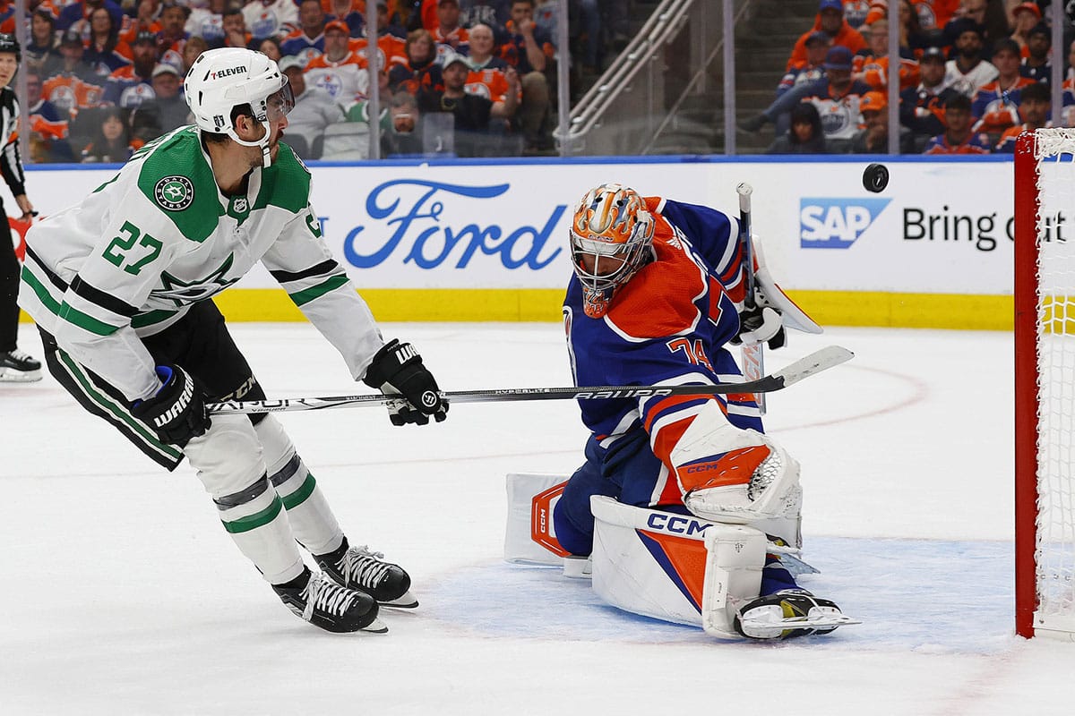 Edmonton Oilers goaltender Stuart Skinner (74) makes a save on on Dallas Stars forward Mason Marchment (27) during the second period in game three of the Western Conference Final of the 2024 Stanley Cup Playoffs at Rogers Place