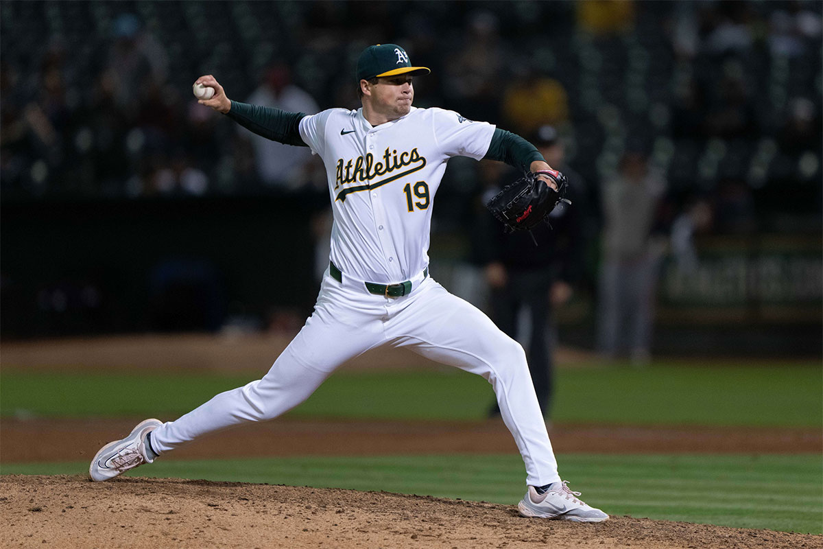 Jun 21, 2024; Oakland, California, USA; Oakland Athletics pitcher Mason Miller (19) pitches against the Minnesota Twins during the ninth inning at Oakland-Alameda County Coliseum. 