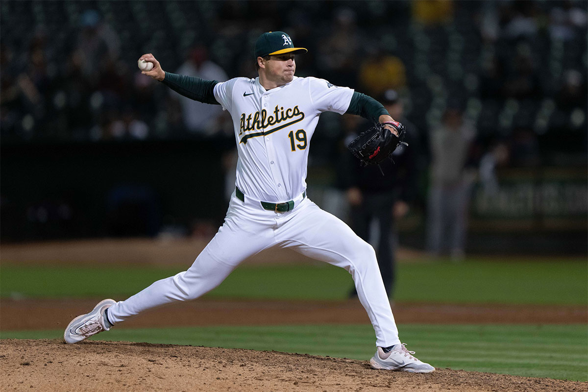 Jun 21, 2024; Oakland, California, USA; Oakland Athletics pitcher Mason Miller (19) pitches against the Minnesota Twins during the ninth inning at Oakland-Alameda County Coliseum.