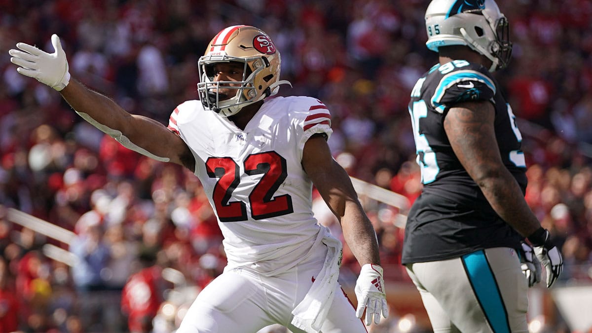 San Francisco 49ers running back Matt Breida (22) celebrates after getting a first down against the Carolina Panthers during the first quarter at Levi's Stadium.