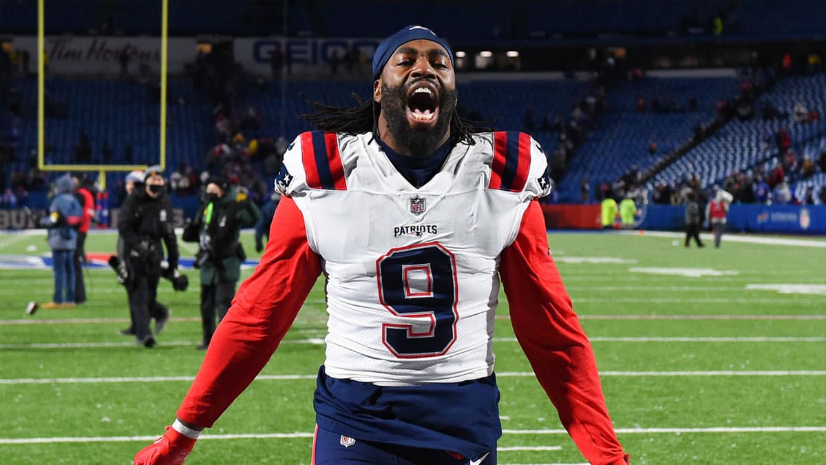 New England Patriots outside linebacker Matt Judon (9) celebrates while leaving the field following the game against the Buffalo Bills at Highmark Stadium.