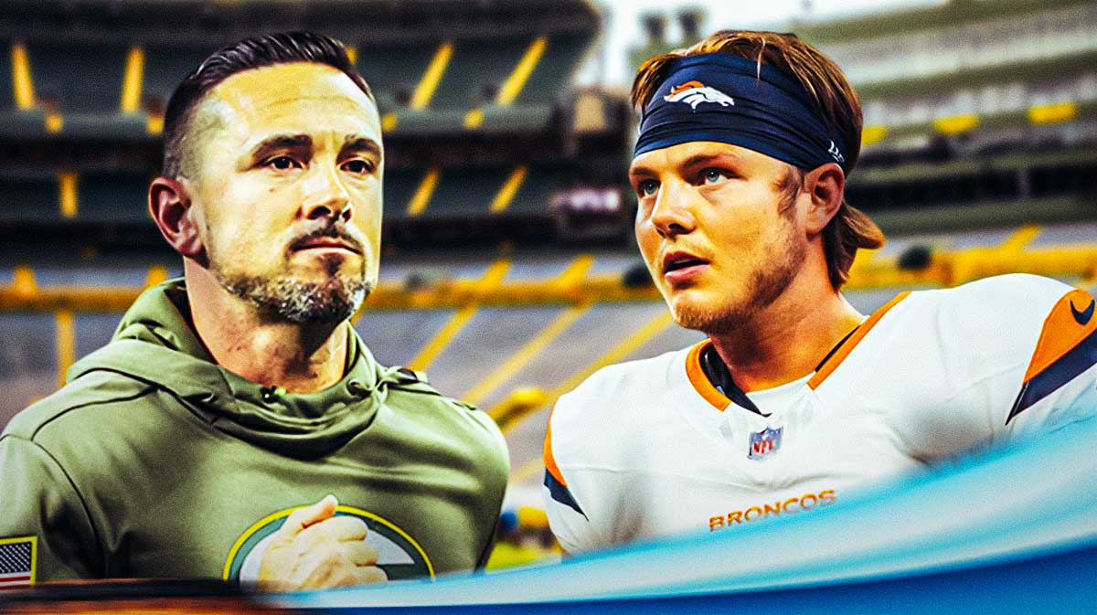 Matt LaFleur in Packers coaching gear and Zach Wilson in a Broncos jersey.