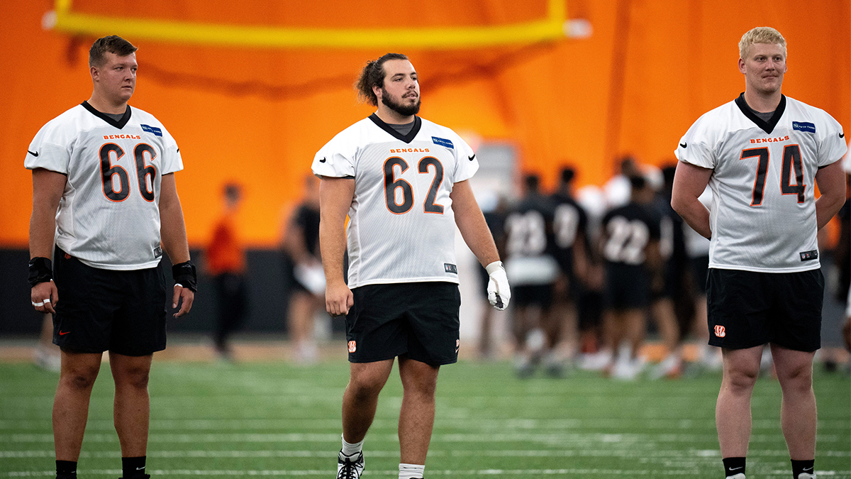 Cincinnati Bengals center Nate Gilliam (66), Cincinnati Bengals center Matt Lee (62) and Cincinnati Bengals offensive tackle Eric Miller (74) look on at Bengals spring practice at the IEL Indoor Facility in Cincinnati on Thursday, June 13, 2024.