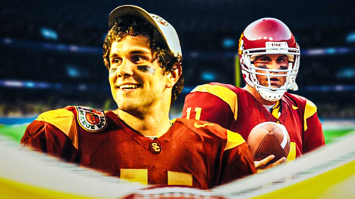 USC football, Trojans, Matt Leinart, Pete Carroll, Pete Carroll class, Matt Leinart in USC uni with USC football stadium in the background