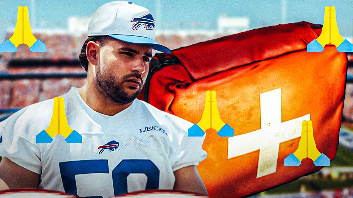 Matt Milano with an injury kit in front of him and a bunch of the prayer hand emojis in the background.