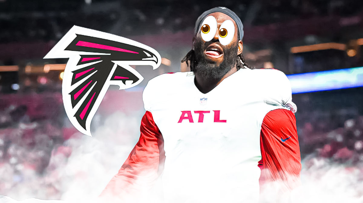 Matthew Judon in Falcons jersey looking at Falcons logo with bulging eyes