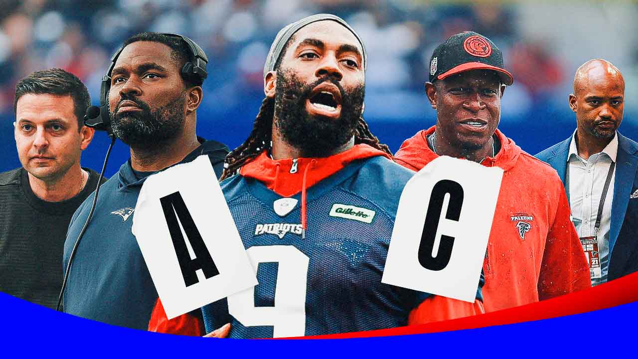 Matthew Judon in the middle. Eliot Wolf and Jerod Mayo on the left. Raheem Morris and Terry Fontenot on the right. In front, sheet of paper with letter "A?" and another sheet with "B or C?"