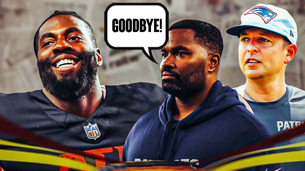 A newspaper as the background, Matthew Judon on one side in an Atlanta Falcons jersey, Jerod Mayo and Eliot Wolf on the other side with a speech bubble that says "Goodbye!"