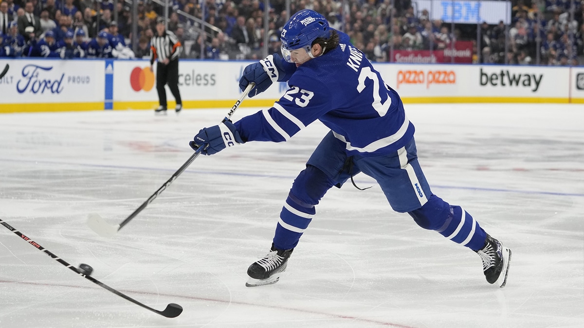 Toronto Maple Leafs forward Matthew Knies (23) shoots the puck against the Boston Bruins during the first period of game three of the first round of the 2024 Stanley Cup Playoffs at Scotiabank Arena.
