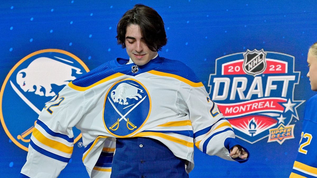 Matthew Savoie after being selected as the number nine overall pick to the Buffalo Sabres in the first round of the 2022 NHL Draft at Bell Centre.