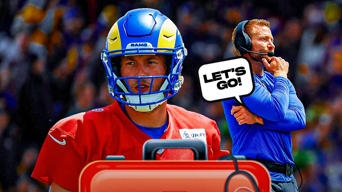 Matthew Stafford on one side with an injury kit in front of him, Sean McVay on the other side with a speech bubble that says "Let's go!"